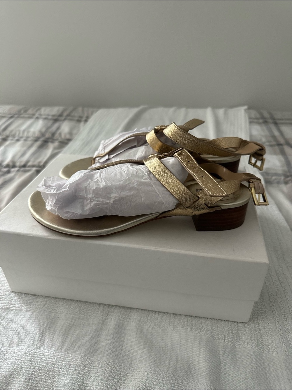 Michael Kors Metallic Gold Strappy Low Block Heel Sandals